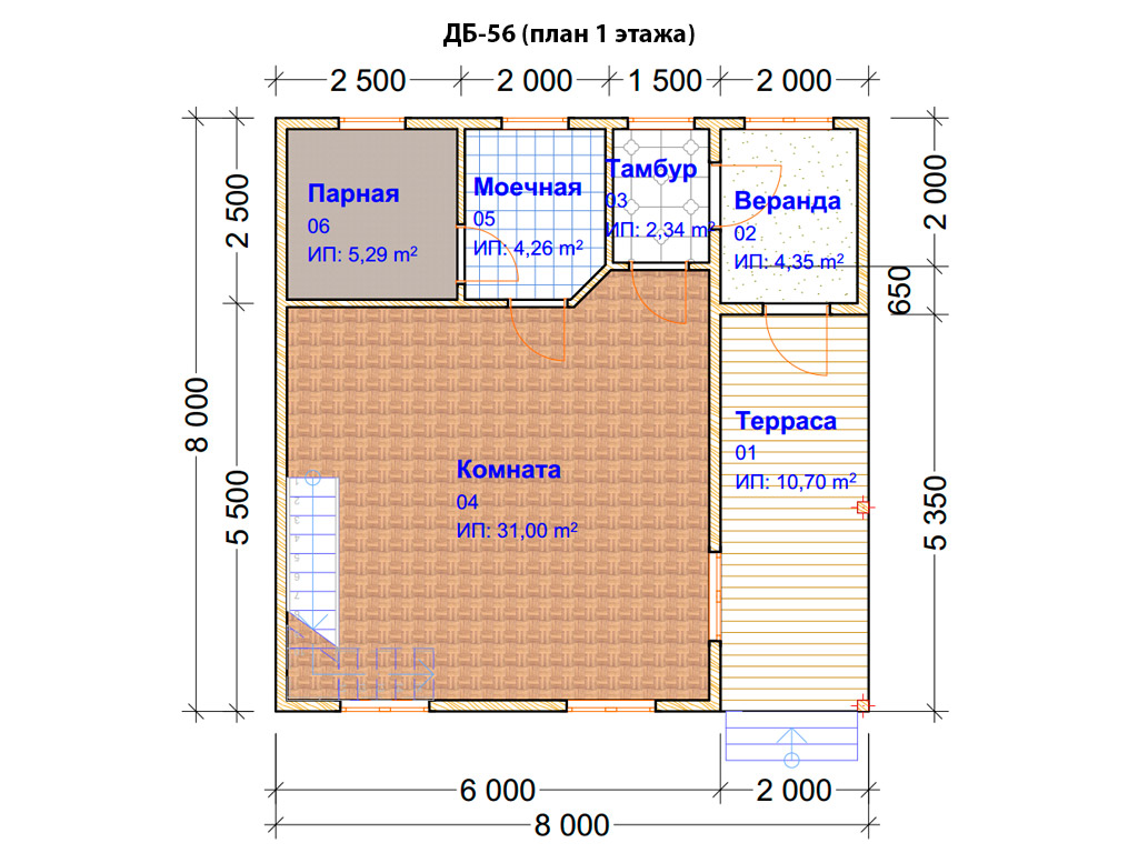 Проект дома ДБ-56 (8х8м), площадью 78м² из бруса 150х150мм